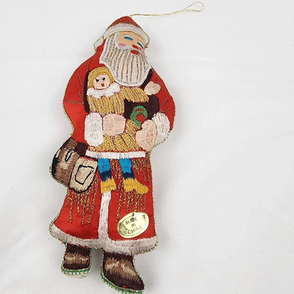 Old World Embroidered Stuffed Santa Ornament Gold Thread 6‎ In Christmas Holiday